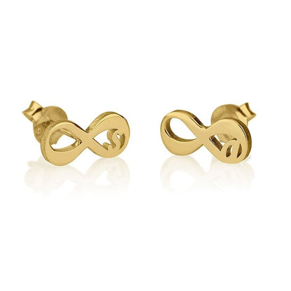 Gold infinity symbol earrings on a white background