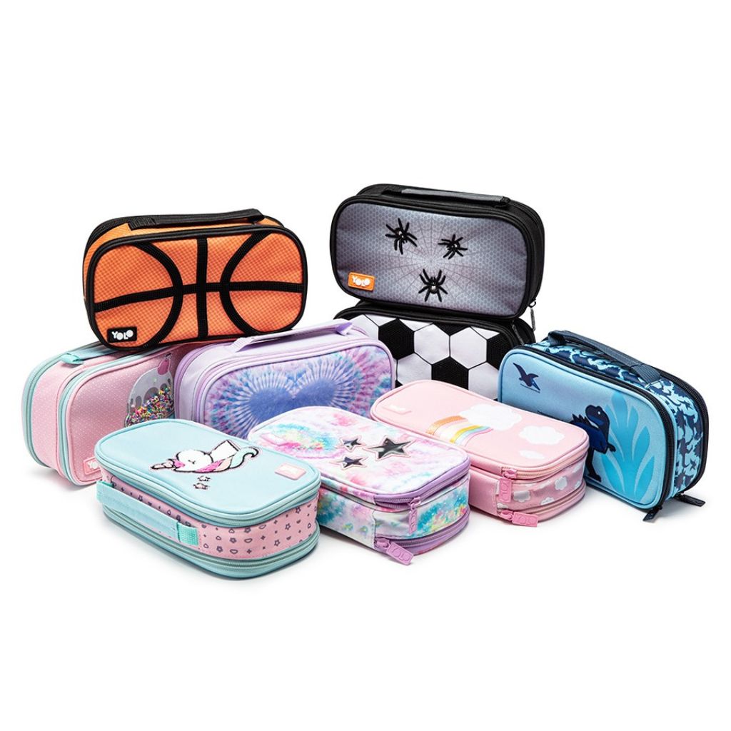 Collection of colorful pencil cases with various designs on a white background