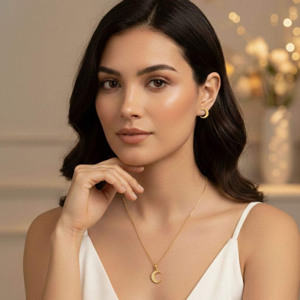 Woman wearing a gold necklace with a moon pendant in a softly blurred indoor setting