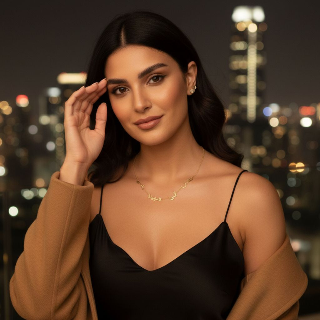 Woman in a black top and brown coat with a cityscape background