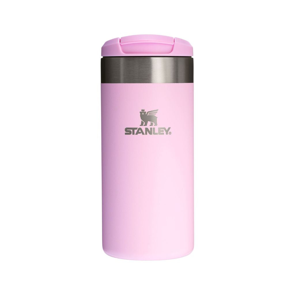 Pink Stanley tumbler on a white background