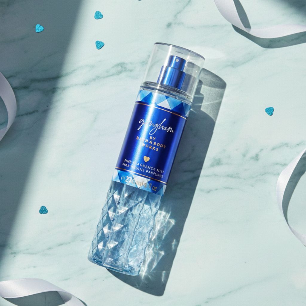 Blue perfume bottle on a light marble surface with blue heart shapes.