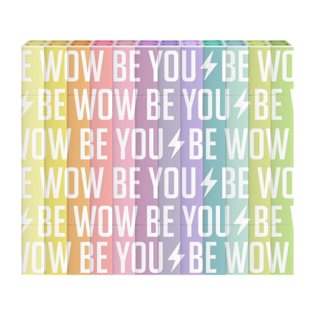 Colorful striped box with 'BE WOW BE YOU' text on a white background