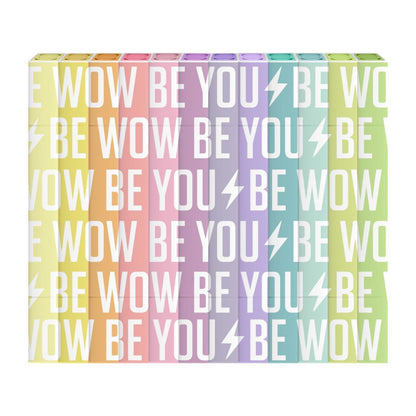 Colorful striped box with 'BE WOW BE YOU' text on a white background
