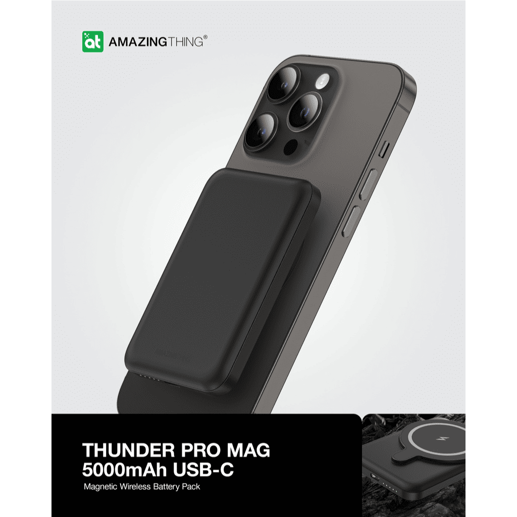 Black magnetic wireless battery pack for a smartphone with 'Amazing Thing' branding on a light gray background.