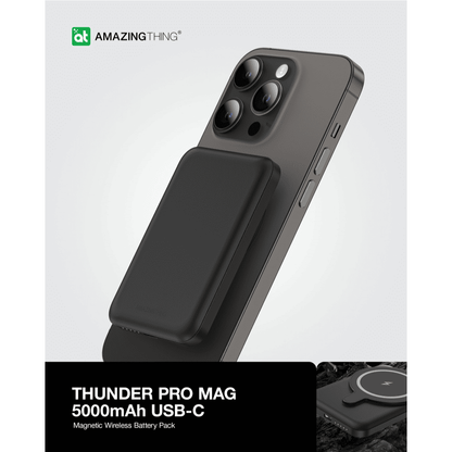 Black magnetic wireless battery pack for a smartphone with 'Amazing Thing' branding on a light gray background.