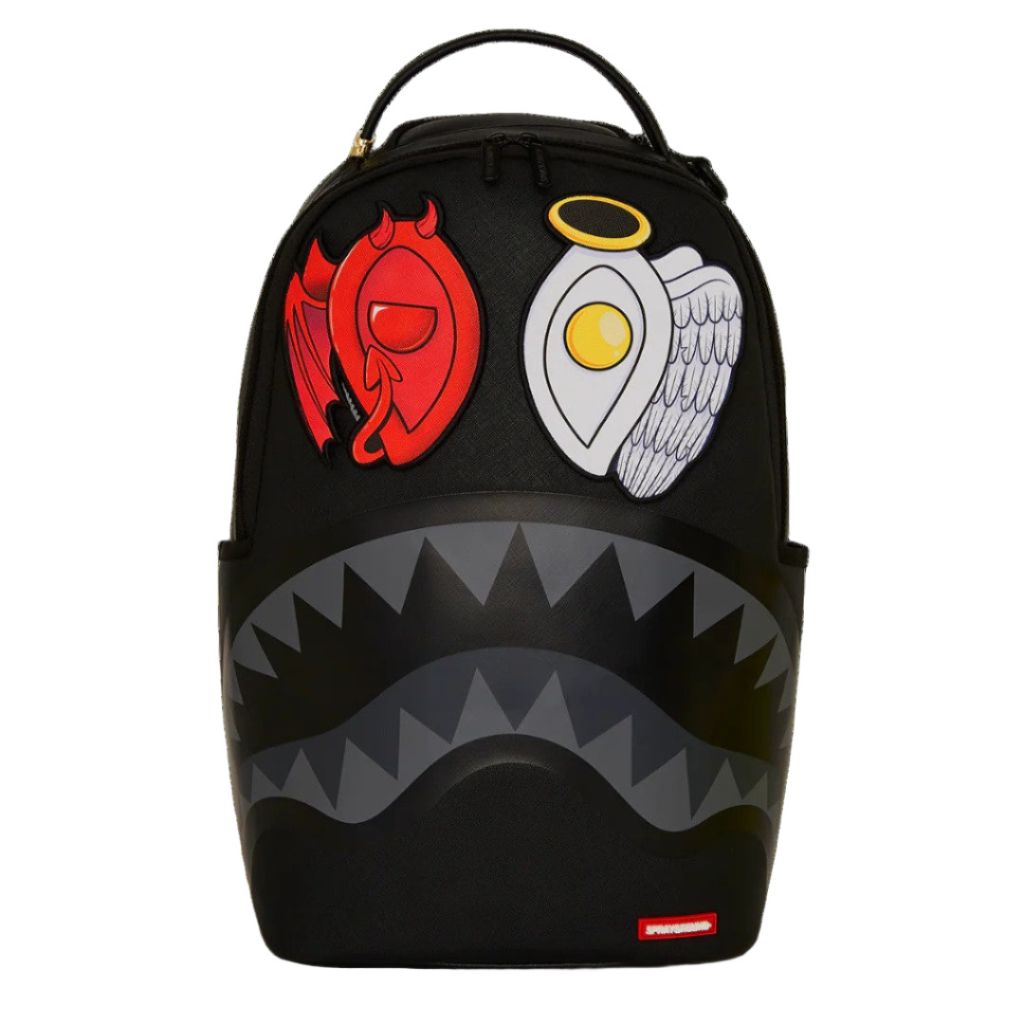 Black backpack with colorful patches on a white background