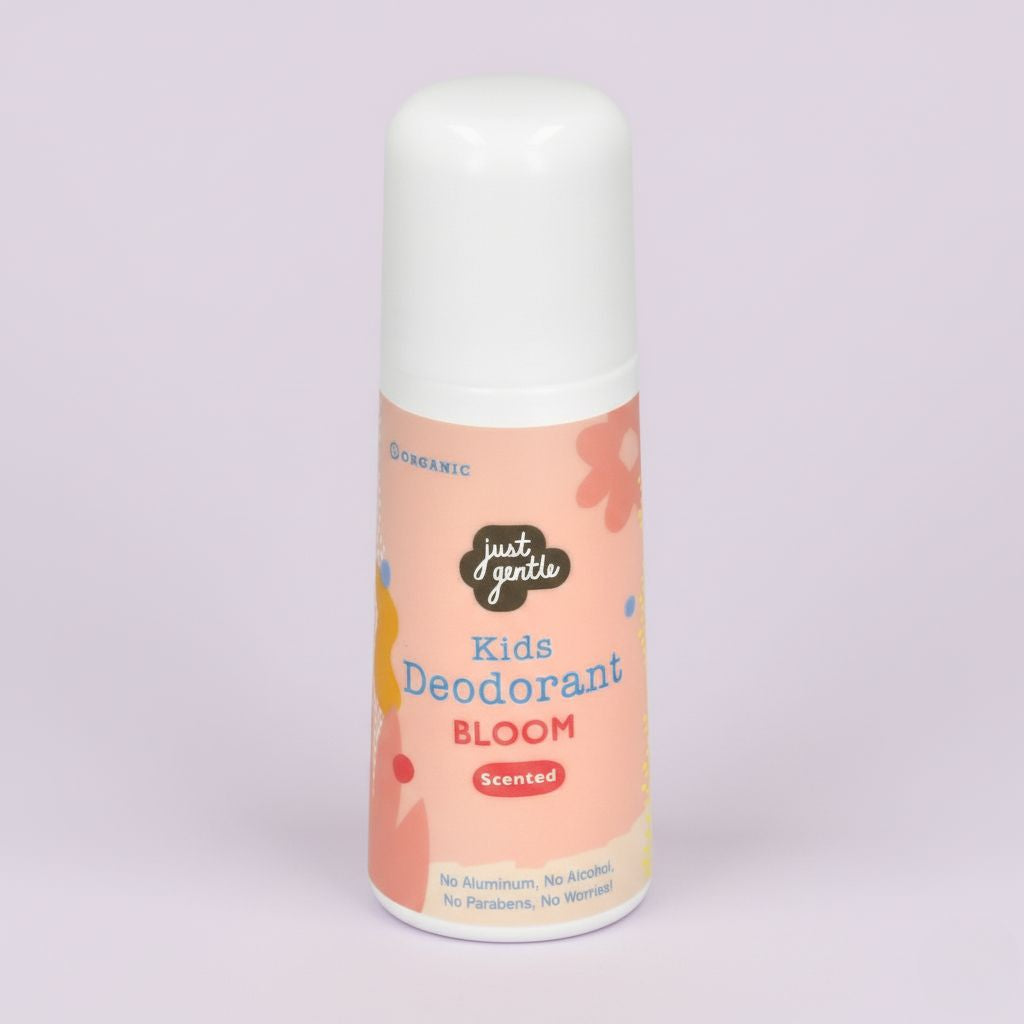 Just Gentle Kids Deodorant Bloom on a light purple background