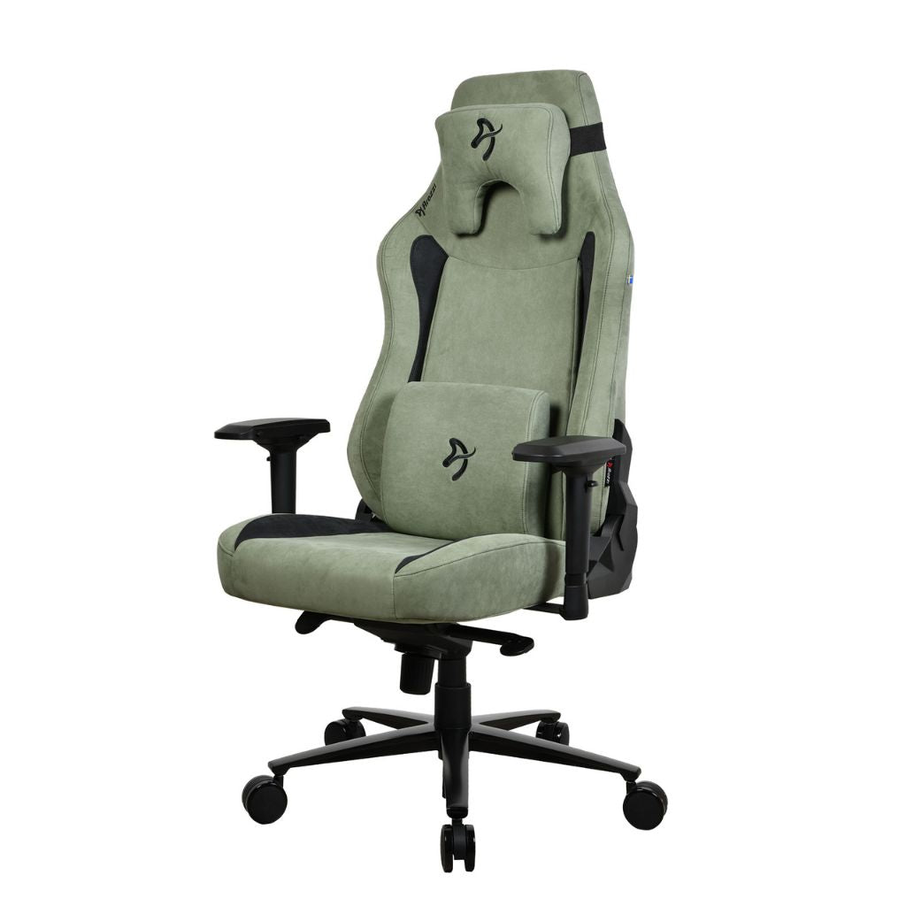 Green office chair with black accents on a white background