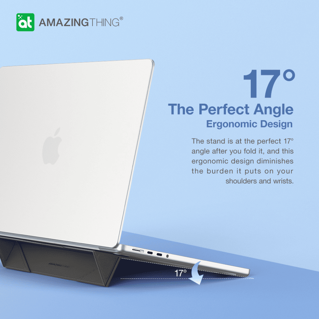 Laptop stand with 17-degree angle on a blue background, featuring the 'Amazing Thing' brand.
