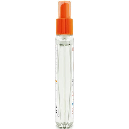 Clear spray bottle with an orange cap on a white background