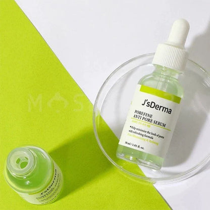 JsDerma pore refine serum bottle on a green and white background