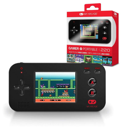 Handheld gaming console with screen displaying game and packaging labeled 'My Arcade' on a white background