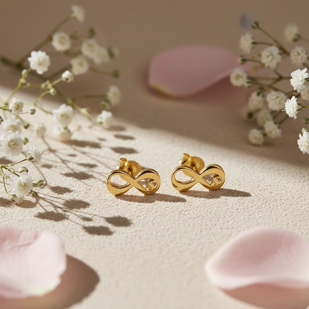 Gold infinity symbol earrings on a beige surface with white flowers and pink petals.