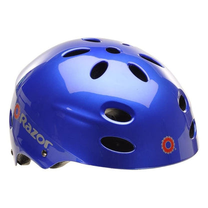 Blue helmet with Razor branding on a white background