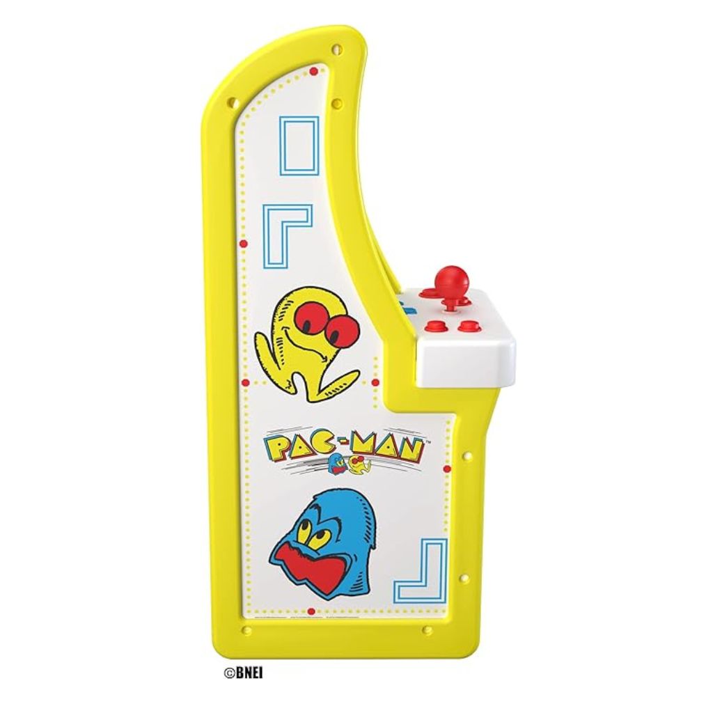 Pac-Man-themed toy with yellow border and character graphics on a white background