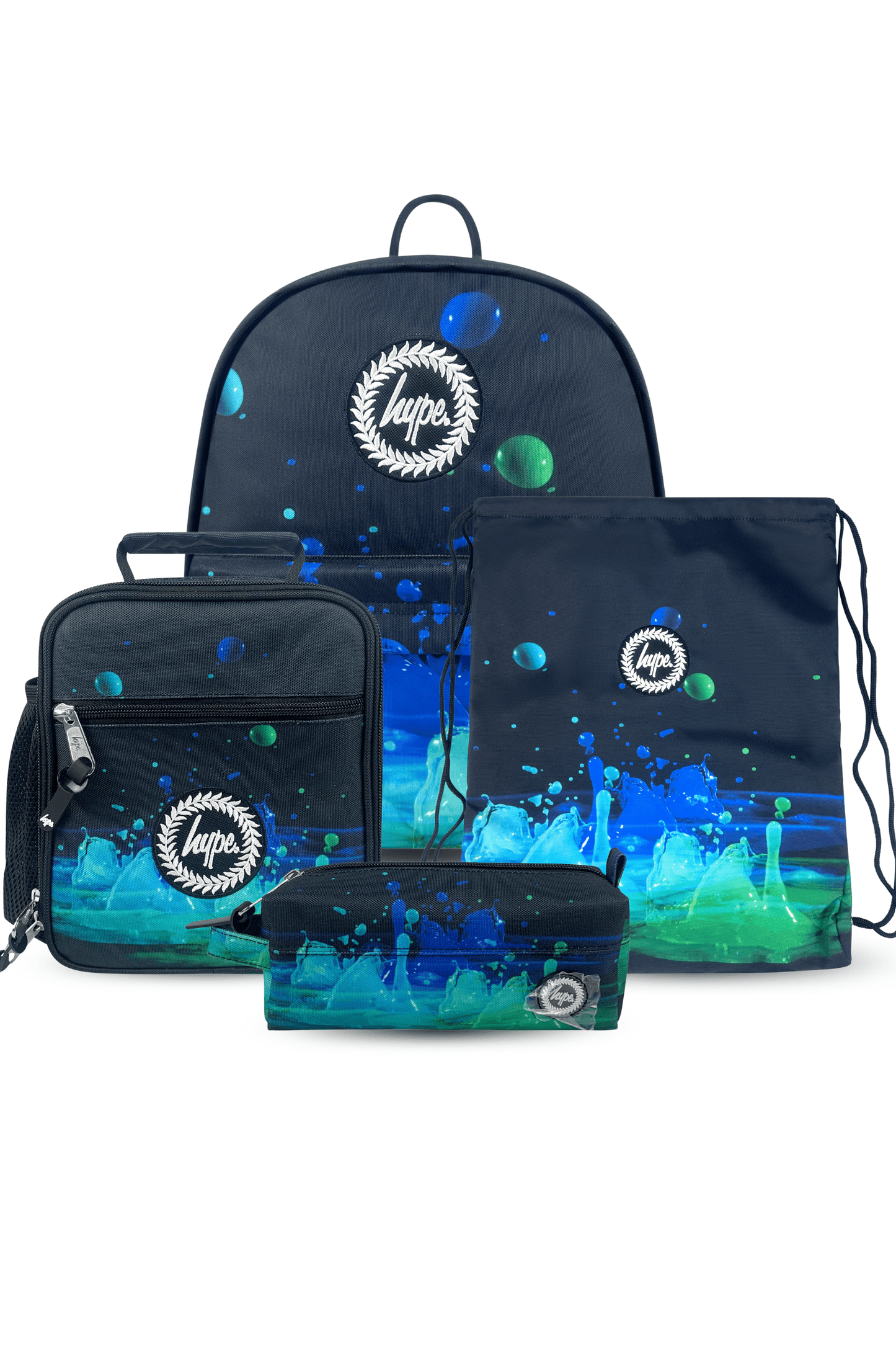4-in-1 School Set - 3D Droplets Backpack, Lunch Bag, Pencil Case and Drawstring Bag