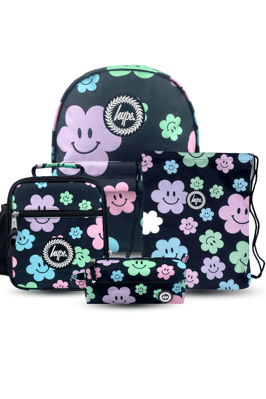 4-in-1 School Set - Black Happy Flowers Backpack, Lunch Bag, Pencil Case and Drawstring Bag