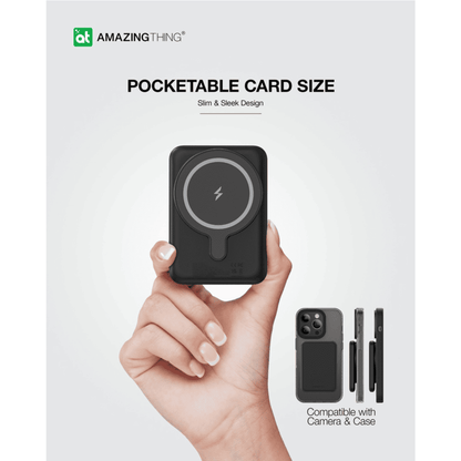 Black pocket-sized device held in a hand with 'Amazing Thing' branding on a white background