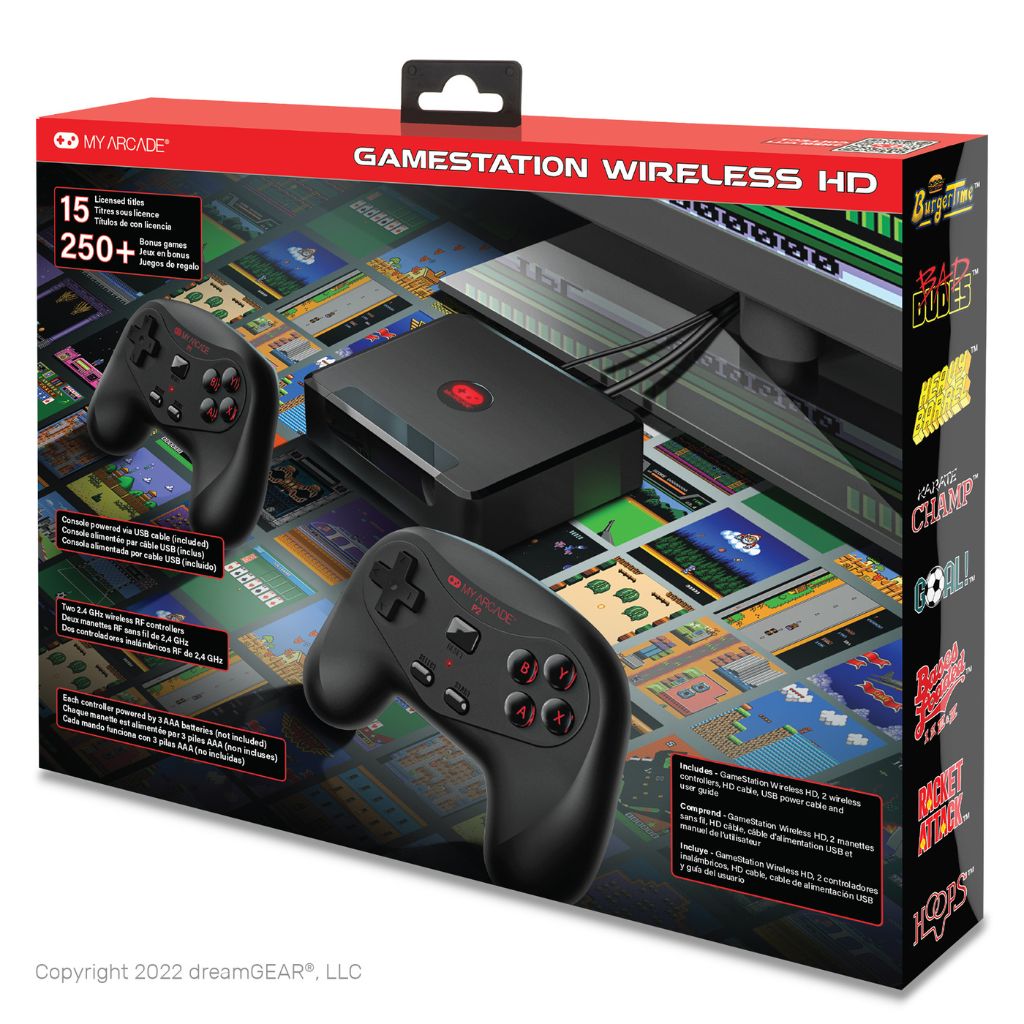 GameStation Wireless HD packaging with controllers and game console on a colorful background