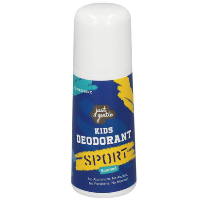 Children's deodorant stick with blue and yellow label on a white background