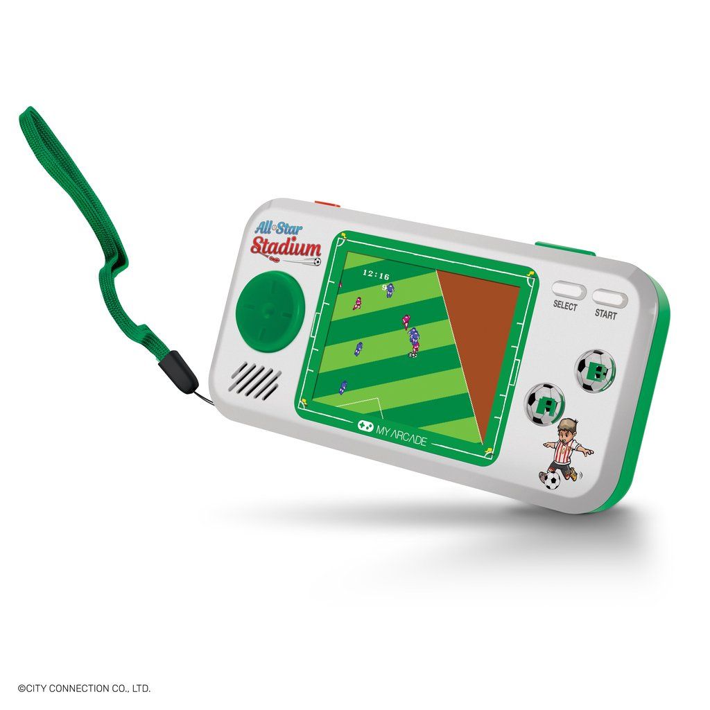 Handheld electronic game console with a green field and player graphics on a white background