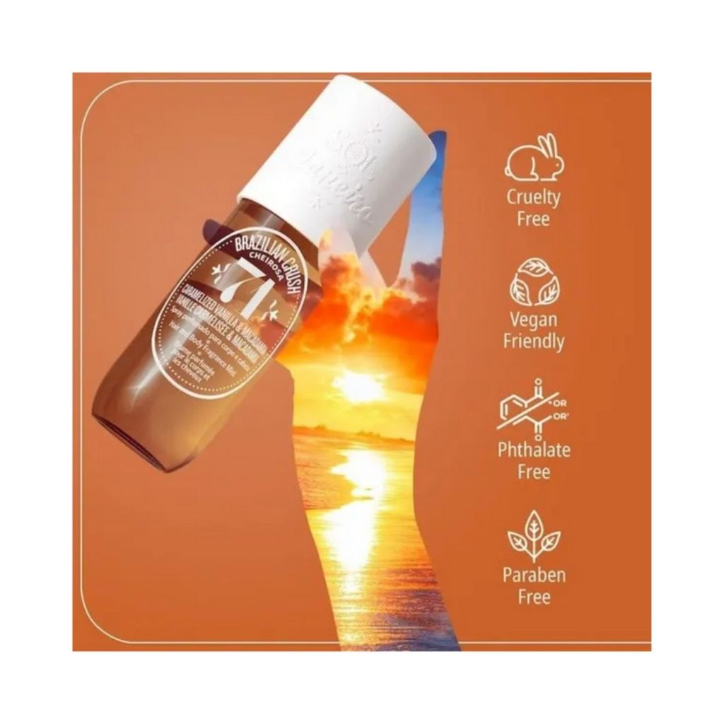 Bottle of Brazilian Crush hair product with sunset design and 'Cruelty Free', 'Vegan Friendly', 'Phthalate Free', and 'Paraben Free' icons on an orange background.