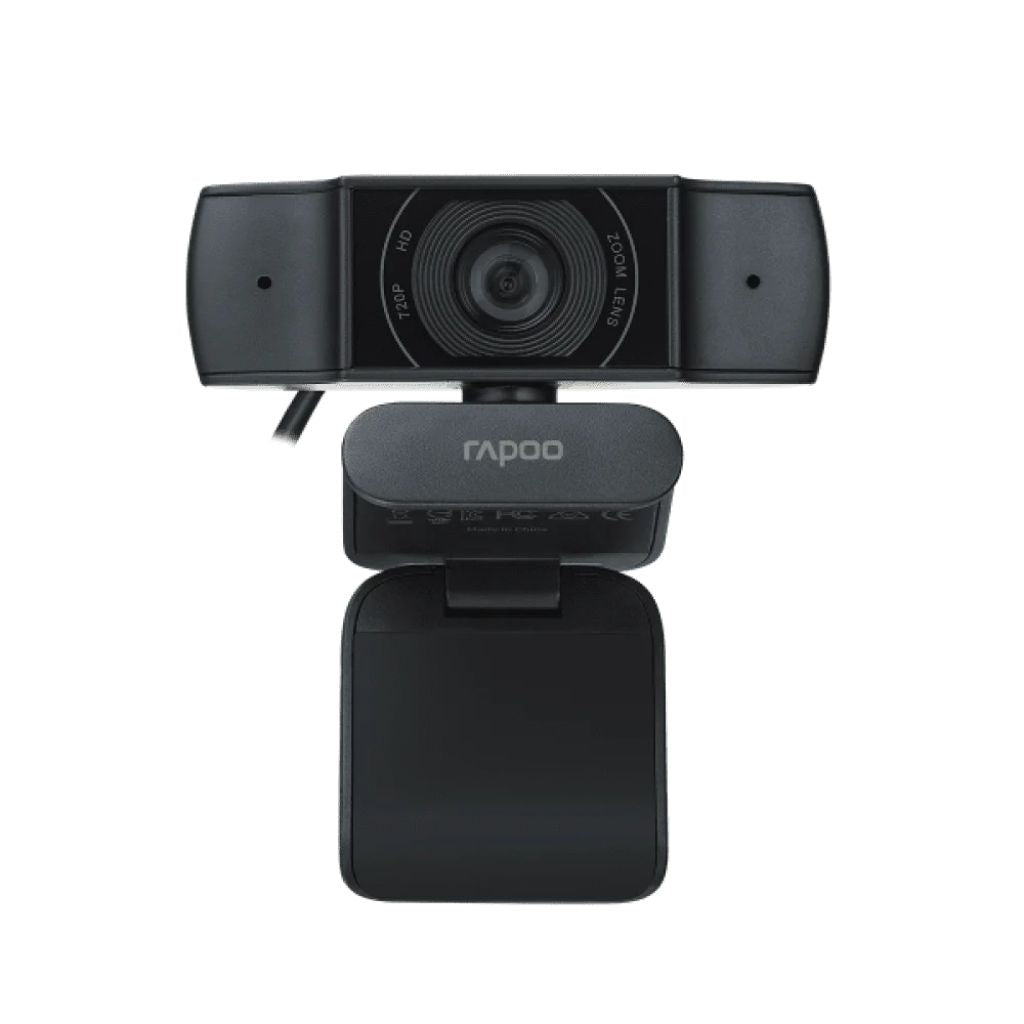 Black webcam with a stand on a white background, featuring the Rapoo brand.