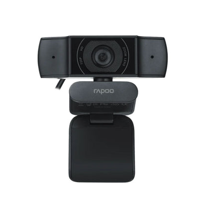 Black webcam with a stand on a white background, featuring the Rapoo brand.