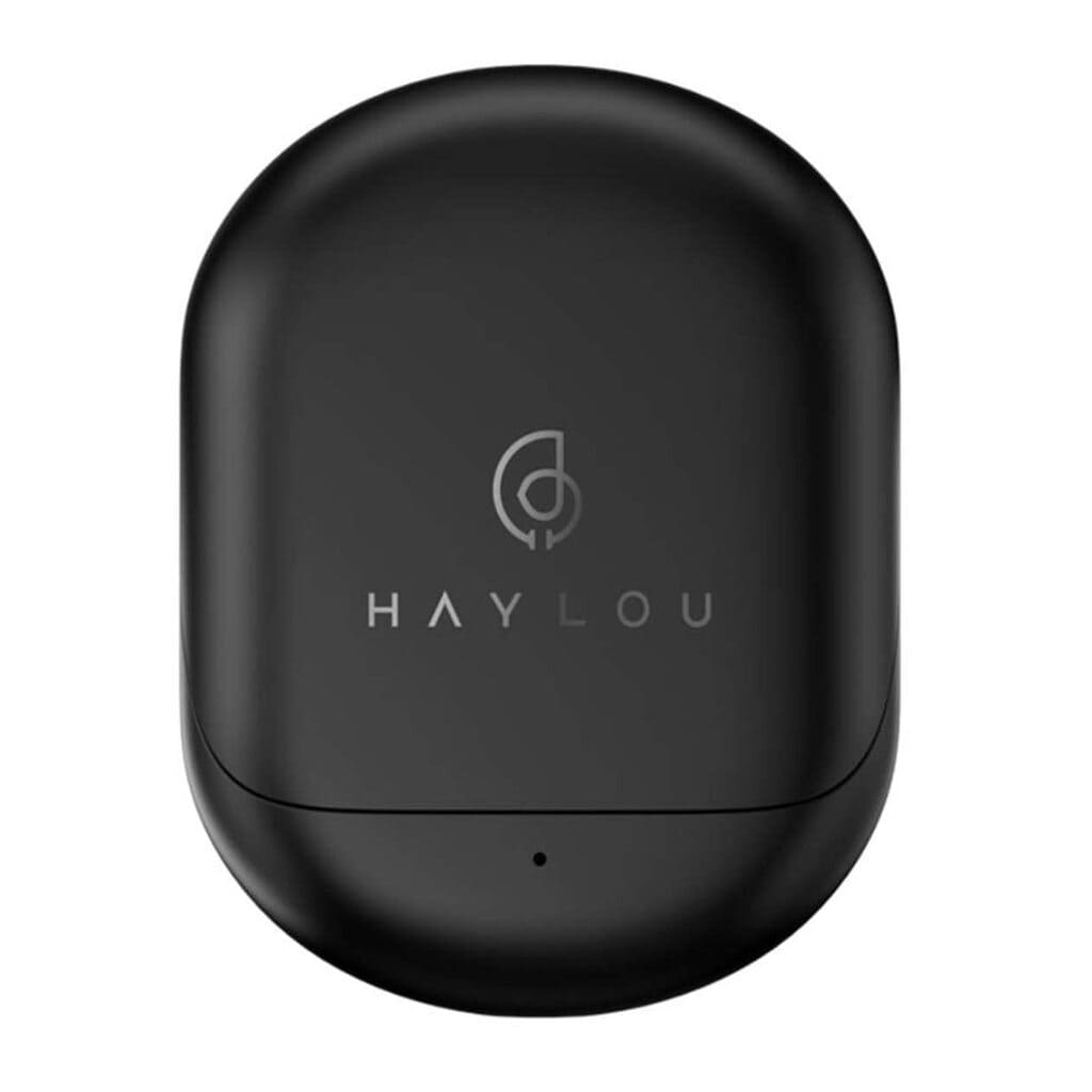 Black wireless earbud case with 'Haylou' branding on a white background