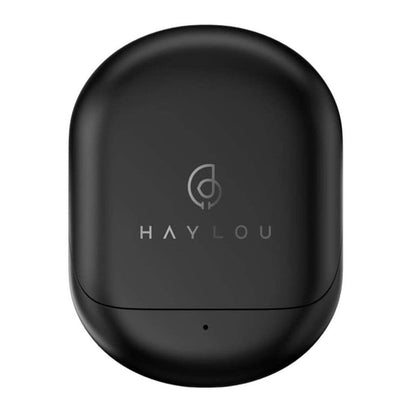 Black wireless earbud case with 'Haylou' branding on a white background