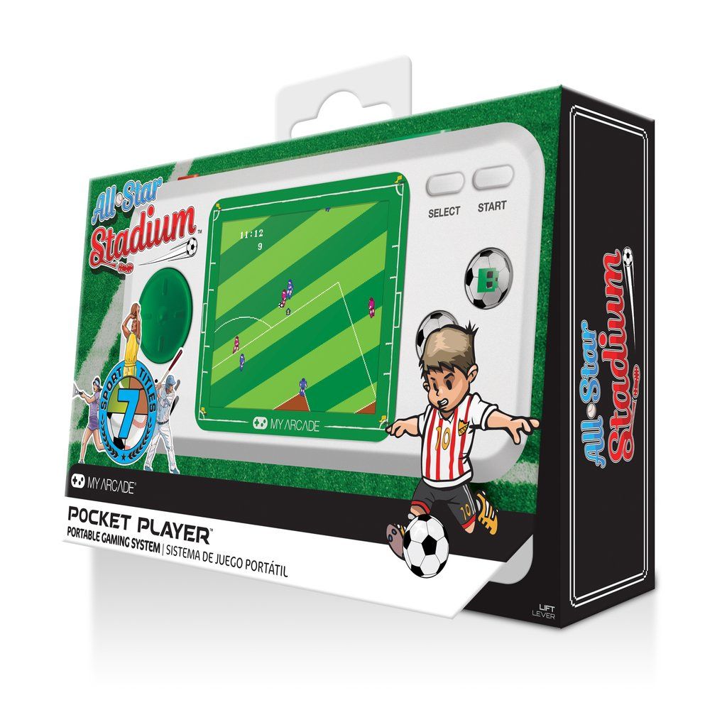 Portable gaming system packaging with a soccer theme on a white background