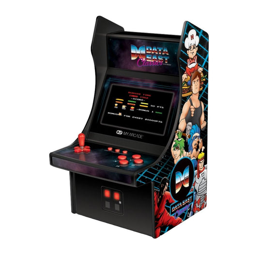 Miniature arcade machine with colorful graphics on a white background