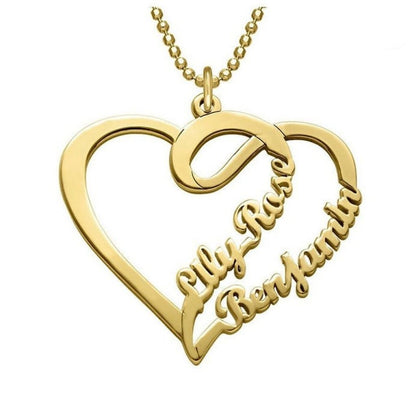 Gold heart-shaped necklace with 'Lilly Rose Beecham' engraved on a white background