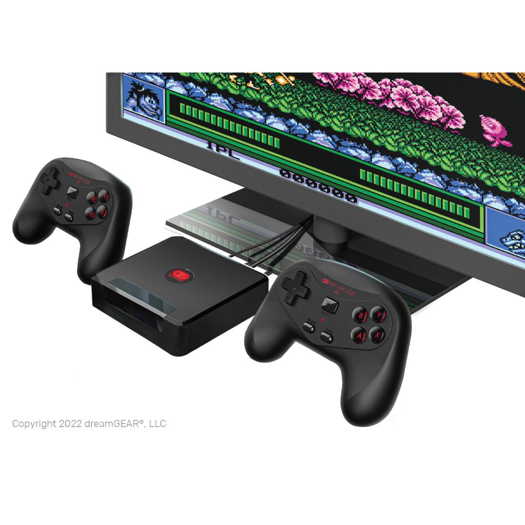 Gaming console with two controllers and a screen displaying a classic video game.