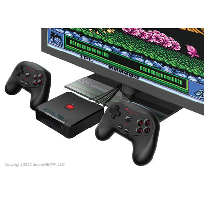 Gaming console with two controllers and a screen displaying a classic video game.