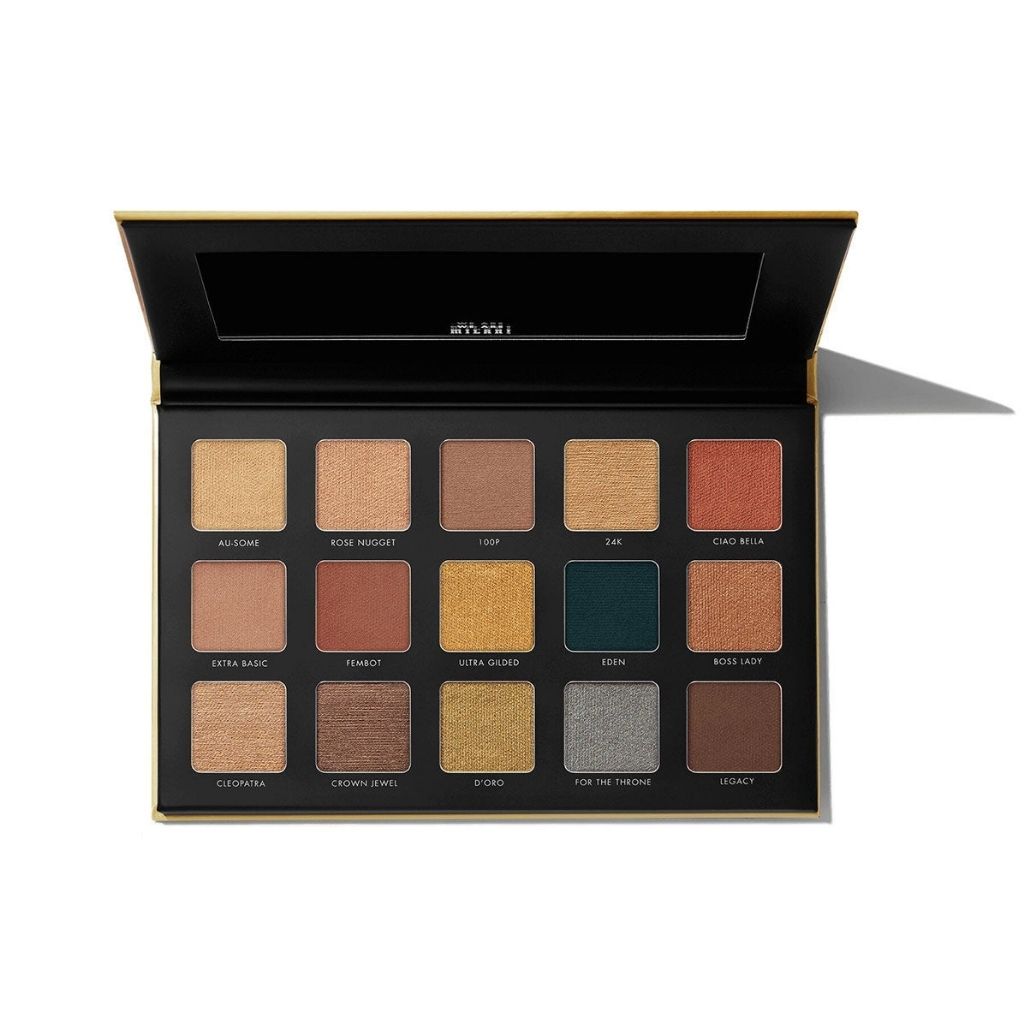 Makeup palette with various color swatches on a white background