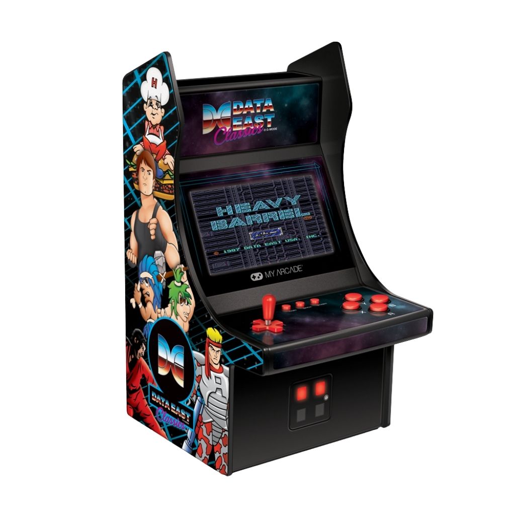Miniature arcade machine with colorful graphics and text on a white background
