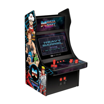 Miniature arcade machine with colorful graphics and text on a white background