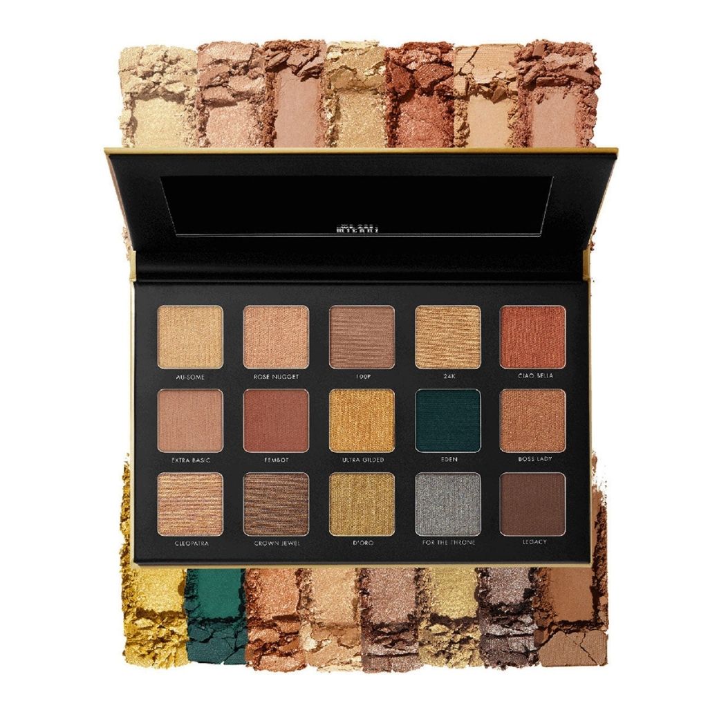Makeup palette with various colors on a white background