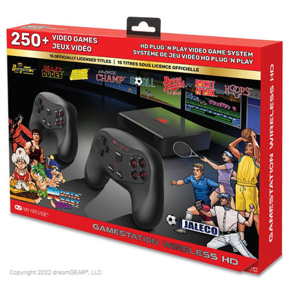Game station with wireless controllers packaging featuring video game graphics and text.