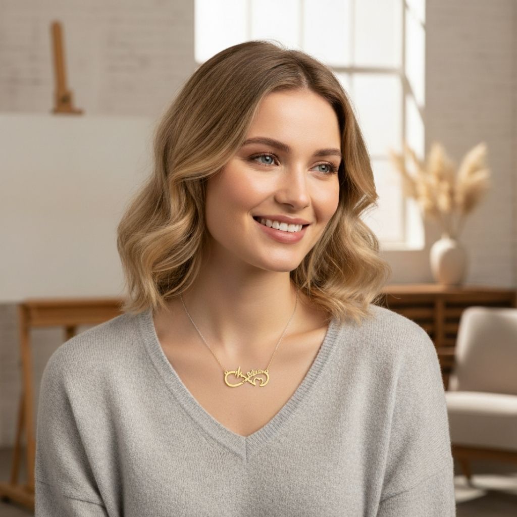 Woman wearing a gold necklace in a bright room