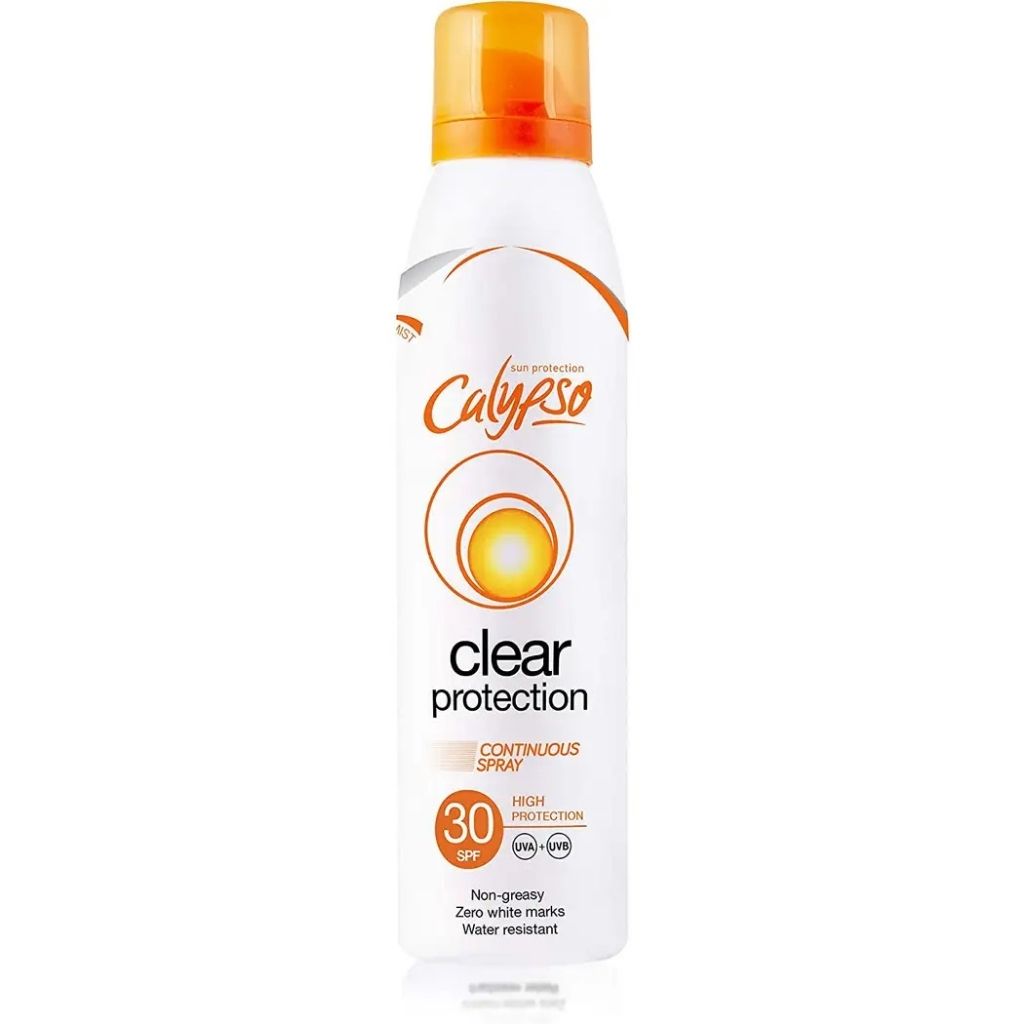 Calypso sunscreen spray bottle on a white background