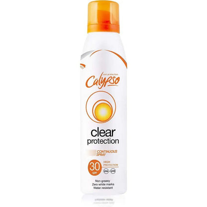 Calypso sunscreen spray bottle on a white background