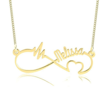 Gold necklace with 'Melissa' engraved on an infinity symbol against a white background
