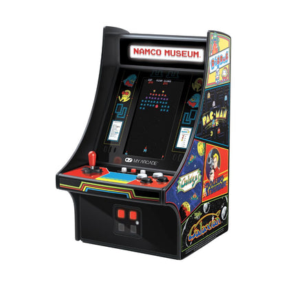 Miniature arcade machine with classic games on a white background