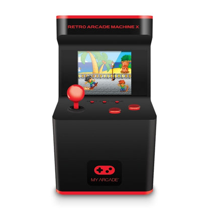 Retro arcade machine with screen displaying a game, on a white background