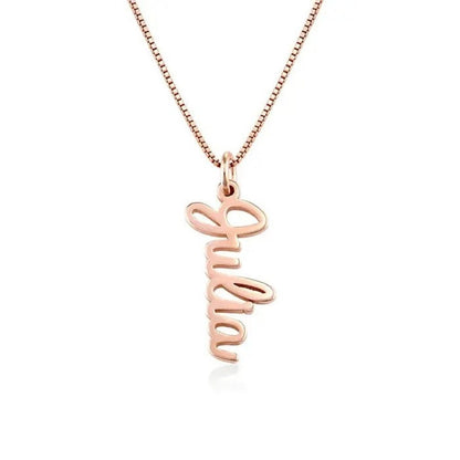 Rose gold necklace with 'Julia' pendant on a white background