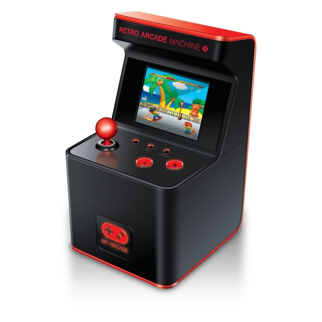 Retro arcade machine with a screen displaying a game on a white background