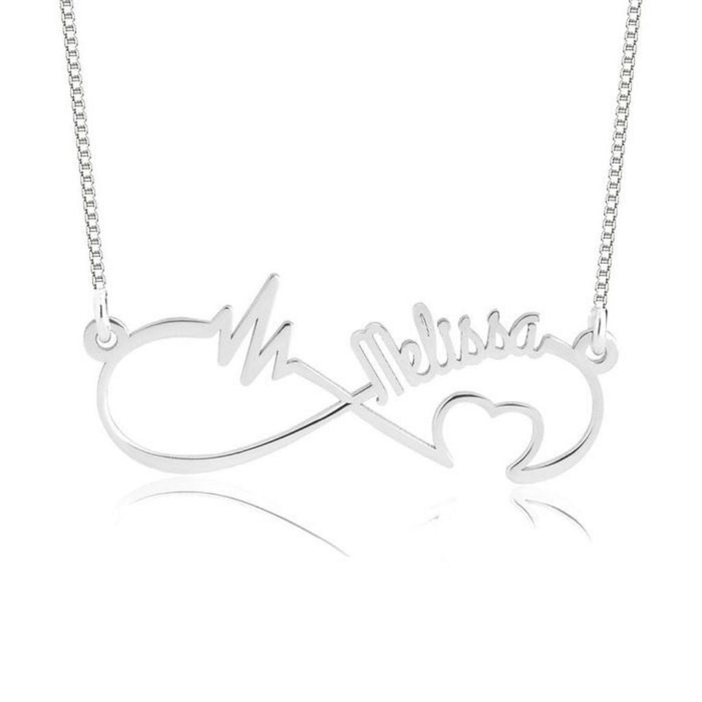 Silver necklace with 'Melissa' and infinity symbol on a white background